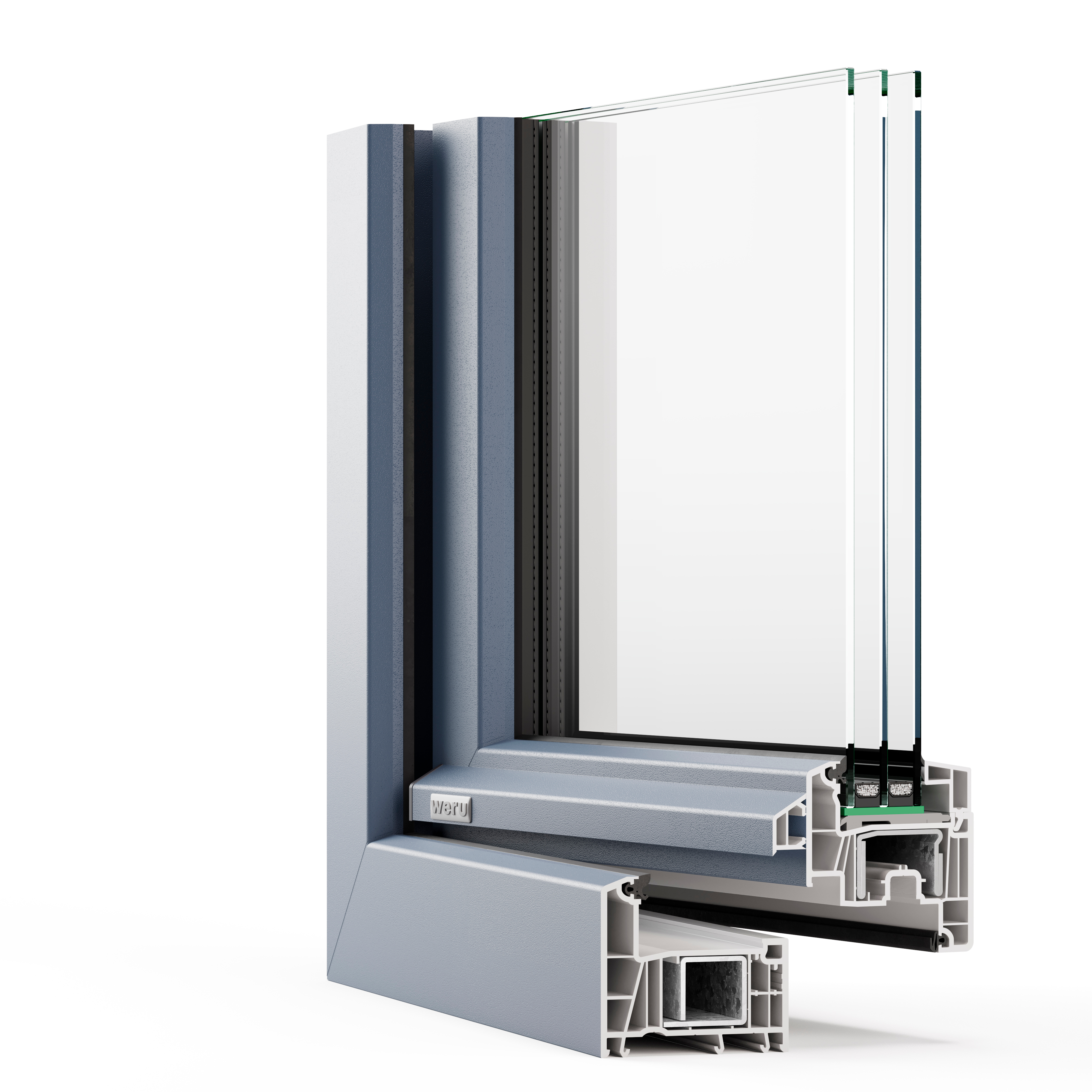 Querschnitt eines Fenstersystems Calido mit Kammersystem und Verglasung
