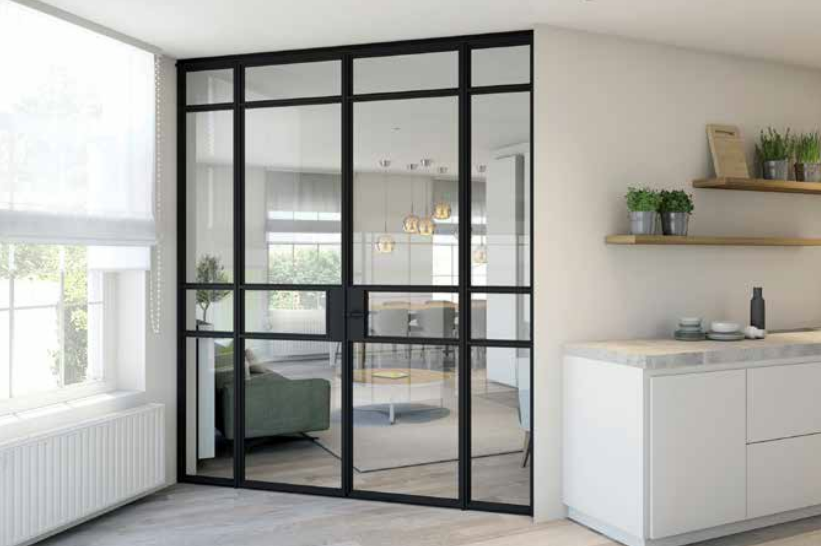 Groke Loft Innentür in einem Wohnzimmer neben dem Fenster. Ein kleiner Schrank steht rechts neben der Tür