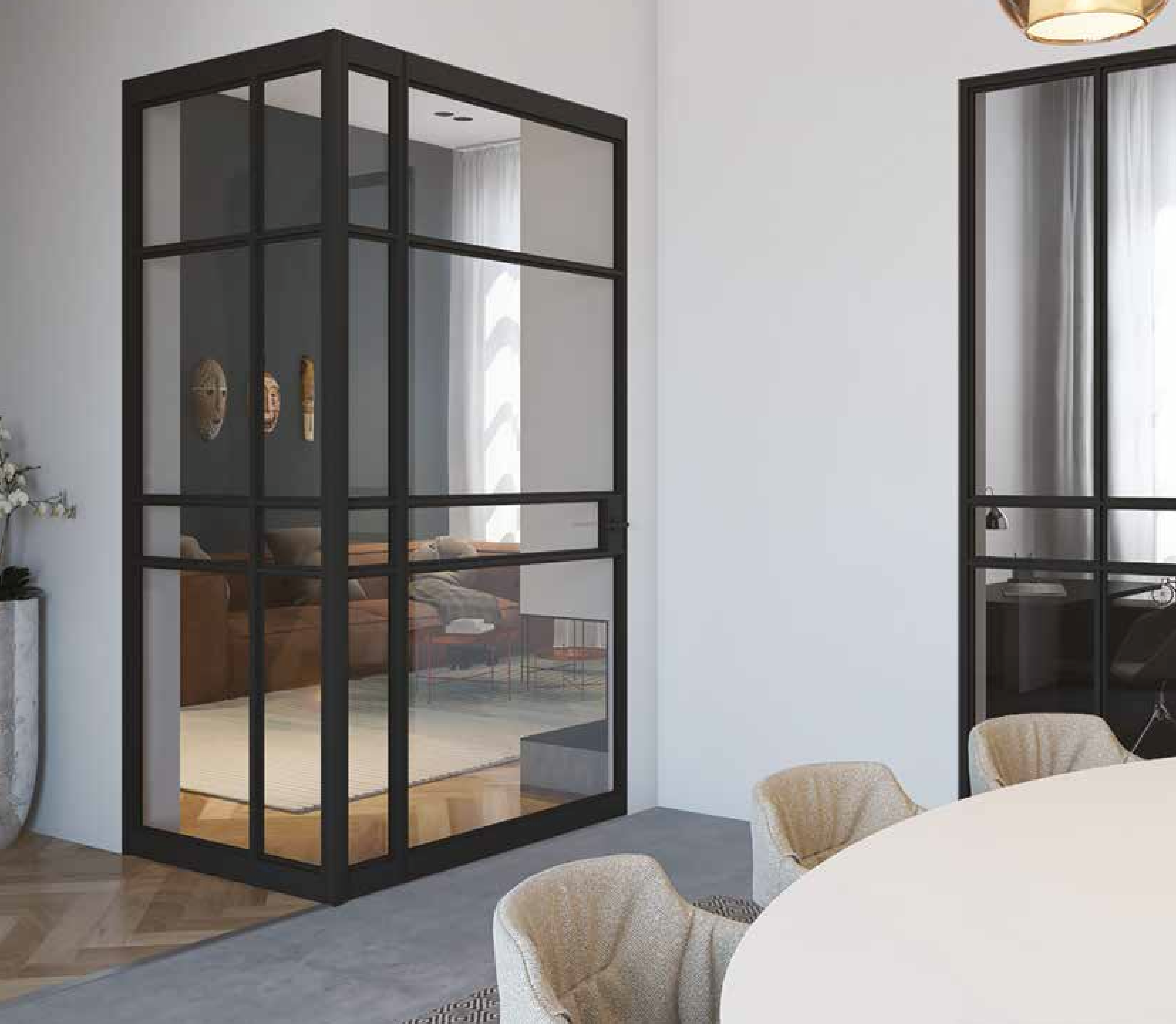 Eine Groke Loft Glas-Trennwand als Eckverbindung in einem Raum neben einem weißen Konferenztisch