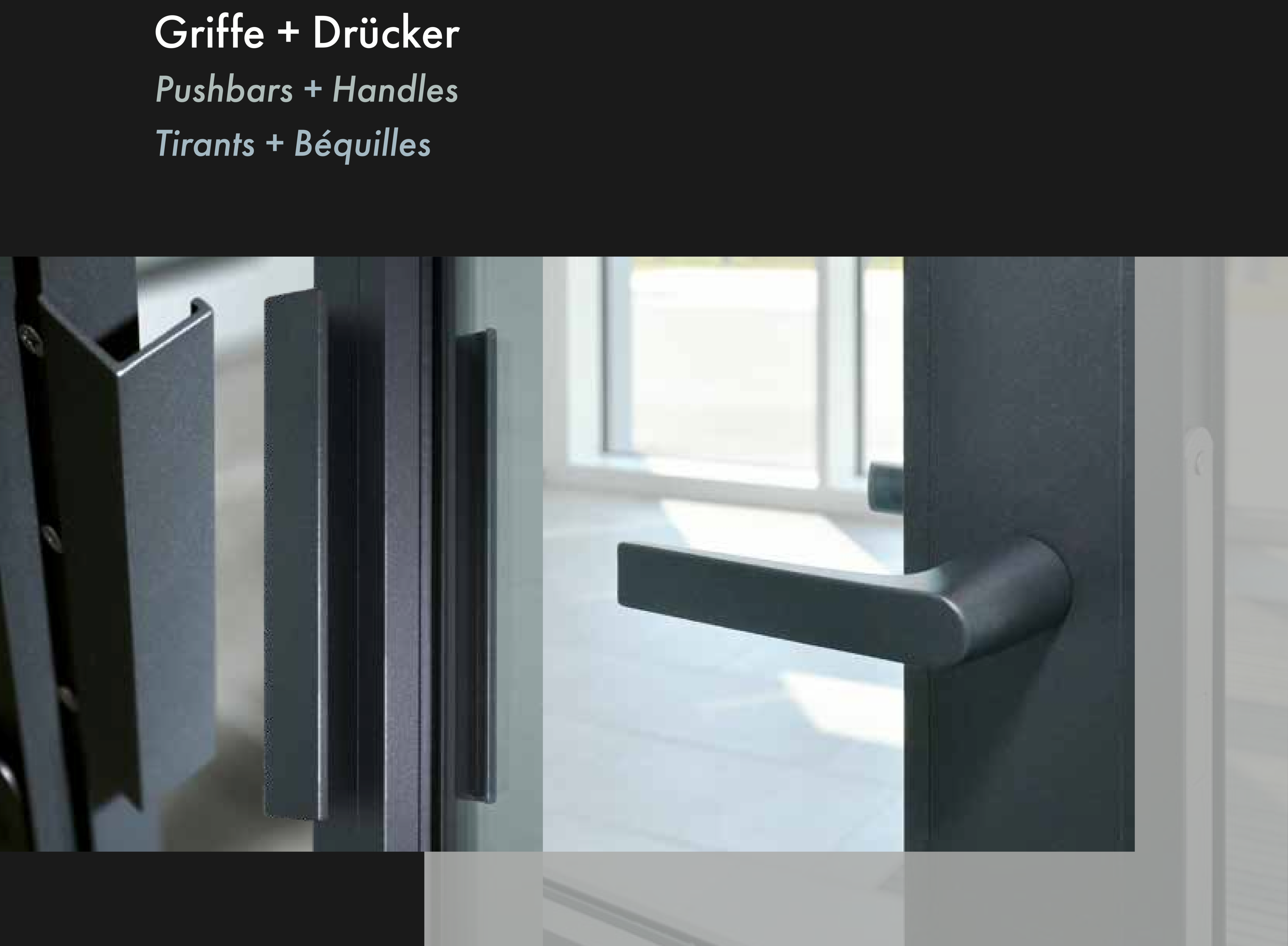 Nahansicht von den wählbaren Türgriffen einer Groke Loft Tür. Als Klinke oder als Schiene in Rahmenfarbe