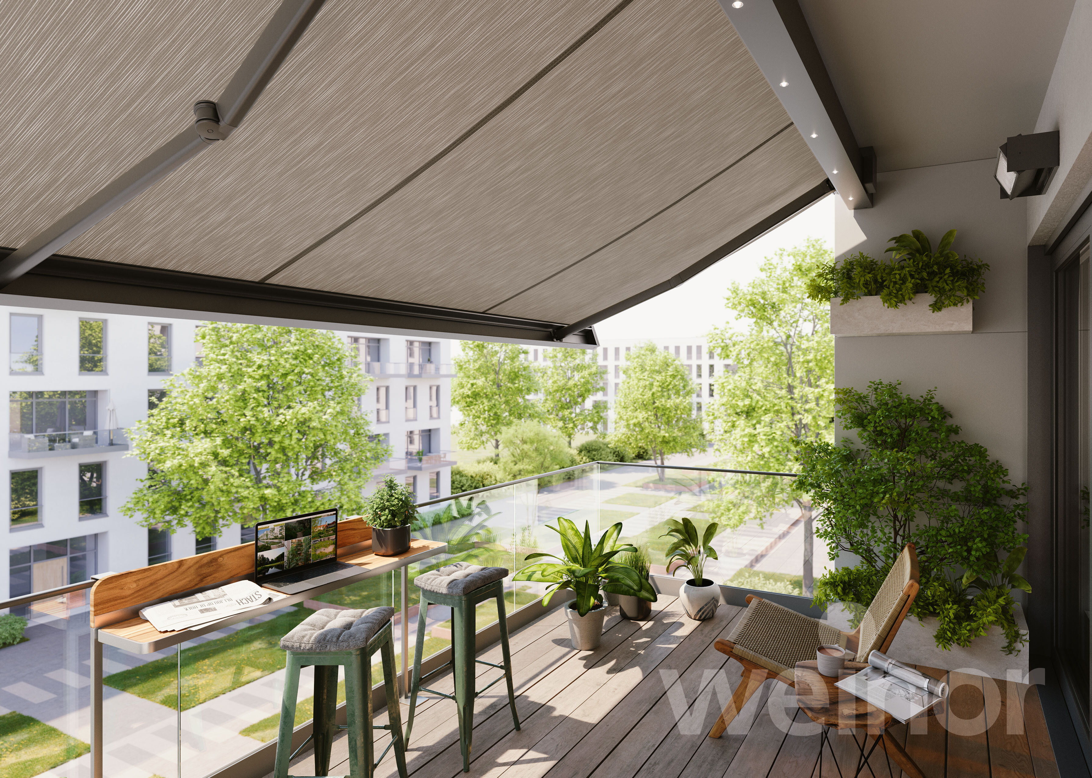 Innenansicht auf den Balkon mit einer ausgefahrenen Markise Smaila von Weinor