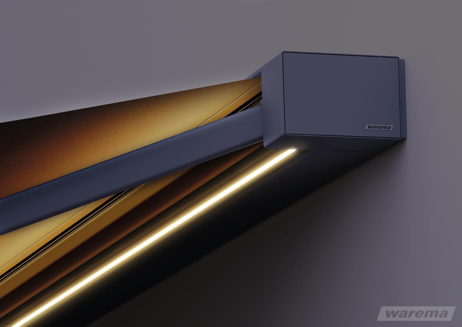 Kassettenmarkise mit LED Beleuchtung und gelbem Markisentuch