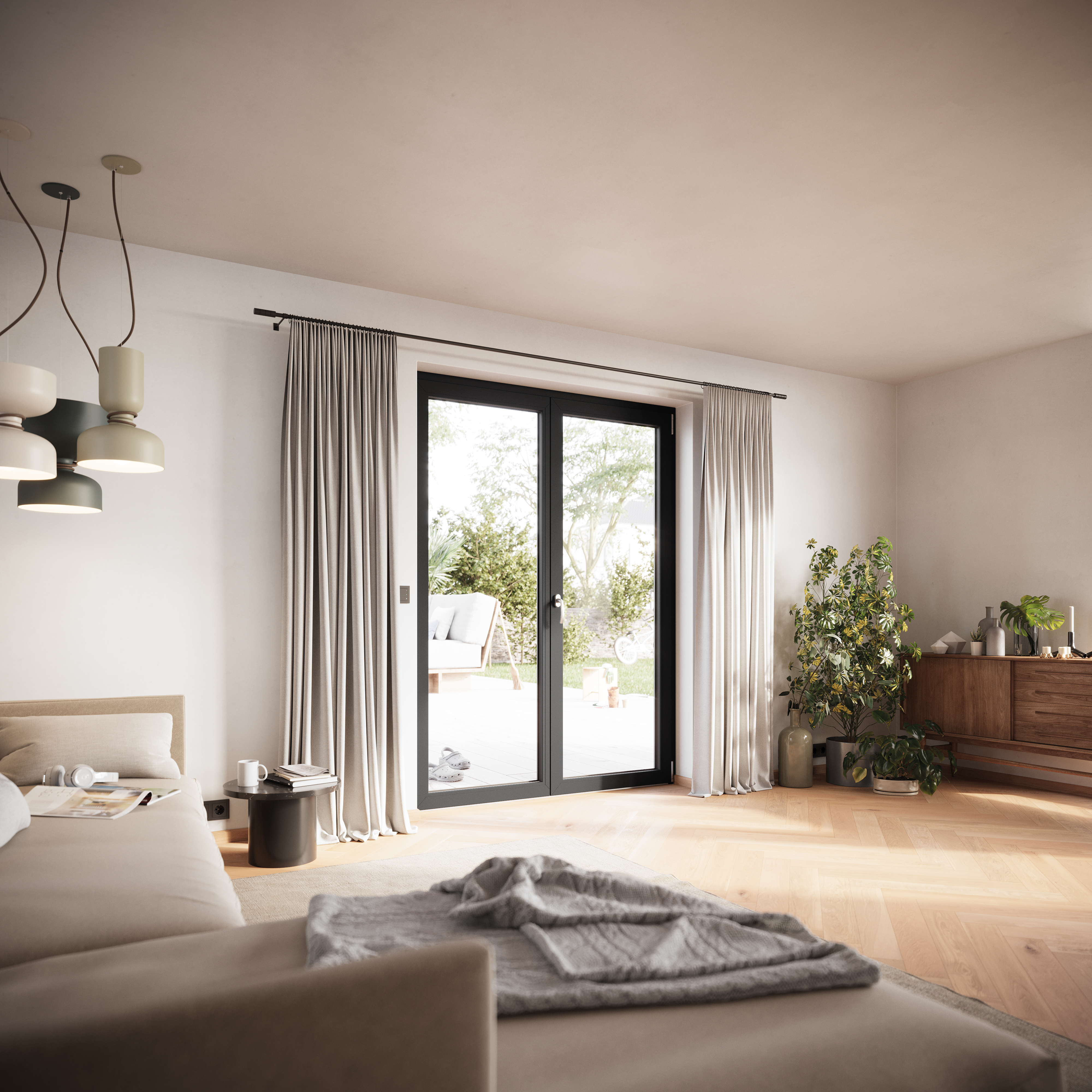 Balkontür mit Kunststoffenster Weru Castello in einem Wohnzimmer mit Innenansicht